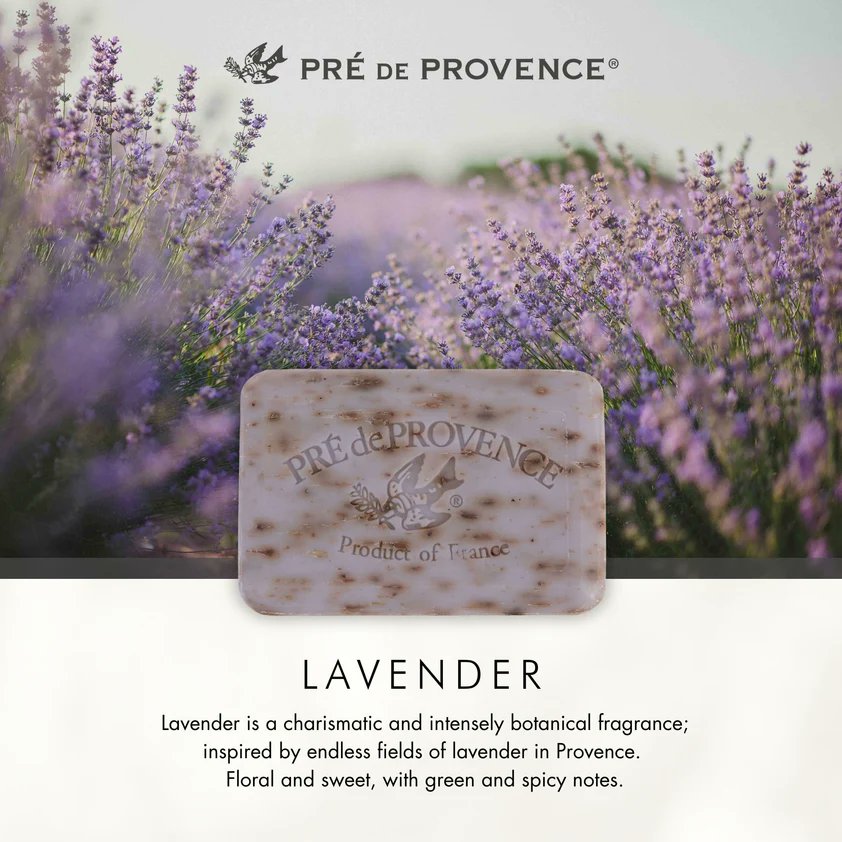 Pre de Provence Lavender Soap Bar next to fresh lavender sprigs