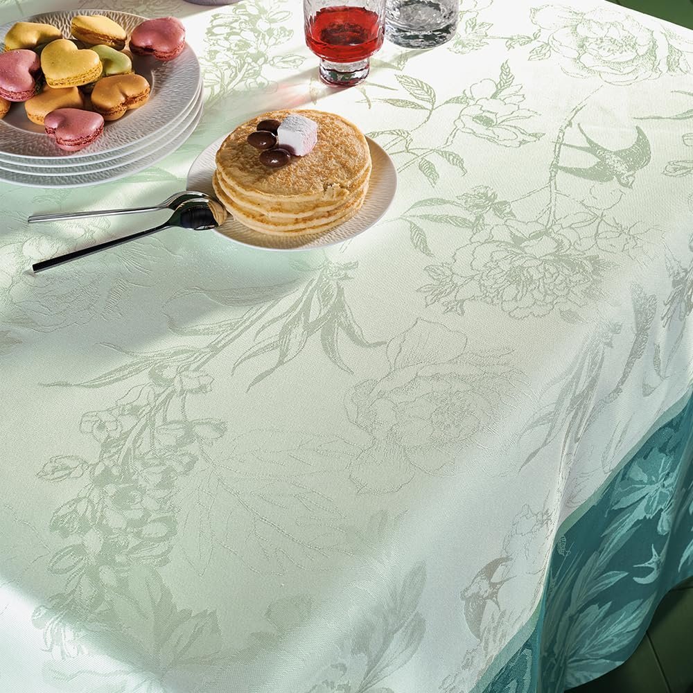 Garnier-Thiébaut Jardin de Pivoines Vert green jacquard tablecloth styled on dining table entertaining