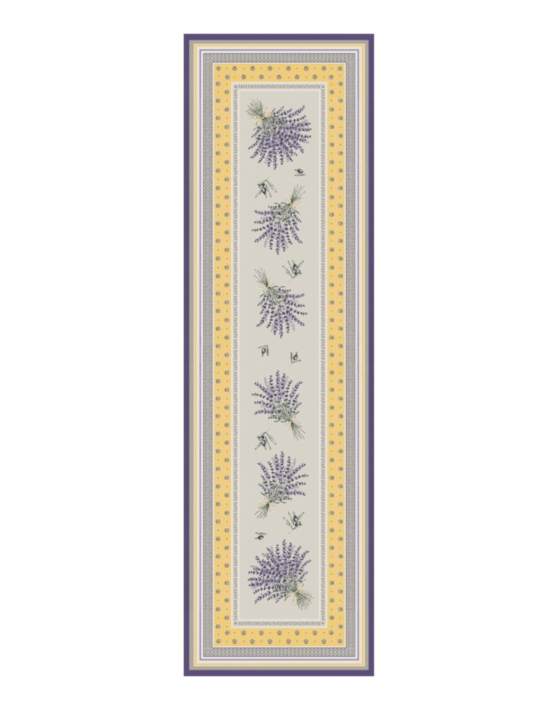 Tissus Toselli Jacquard Table Runner with Lavender Yellow & Olives Twigs