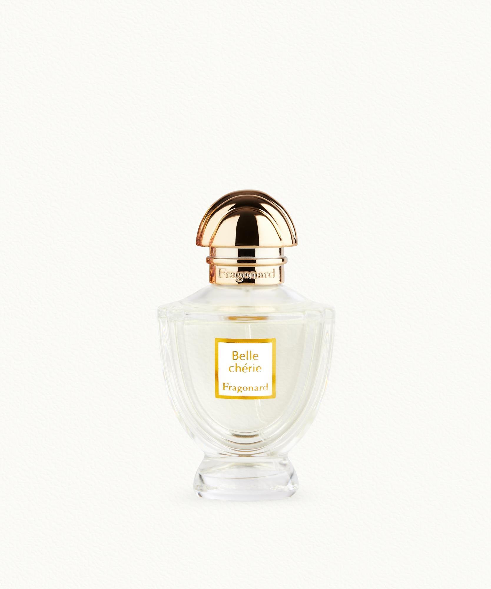Fragonard Belle Cherie 50ml EDP rose gold cap faceted bottle close-up Grasse France