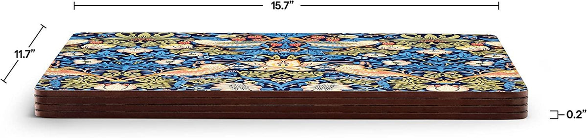 Pimpernel Morris & Co Strawberry Thief Blue Collection Placemats | Set of 4 | Heat Resistant Mats | Cork-Backed Board | Hard Placemat Set for Dining Table | Measures 15.7” x 11.7”