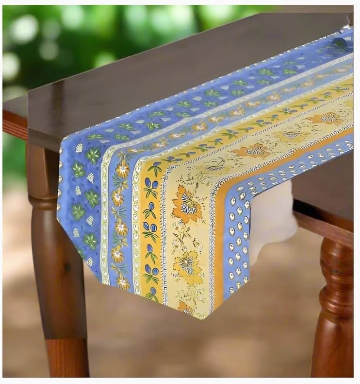 Le Cluny Monaco Blue Coated Provencal Tablecloth | Easy-Care Cotton | Multi-Size