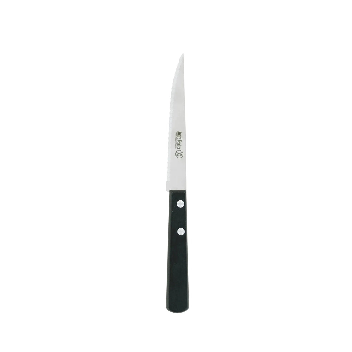 André Verdier steak knife close-up double serrated blade black handle 2-rivet construction