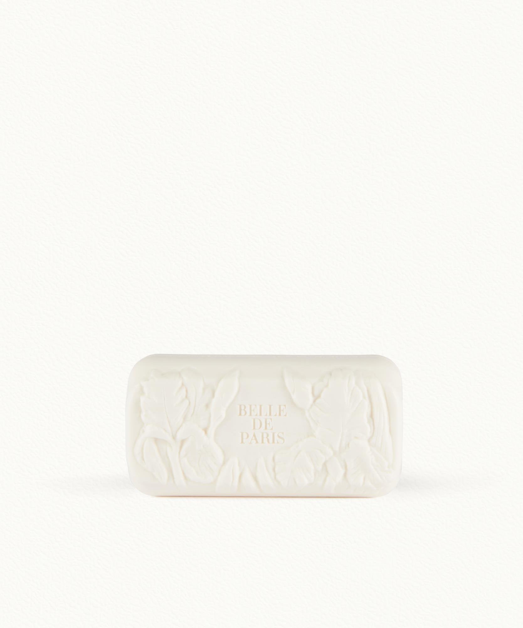 Fragonard Belle de Paris soap bar and packaging on white background