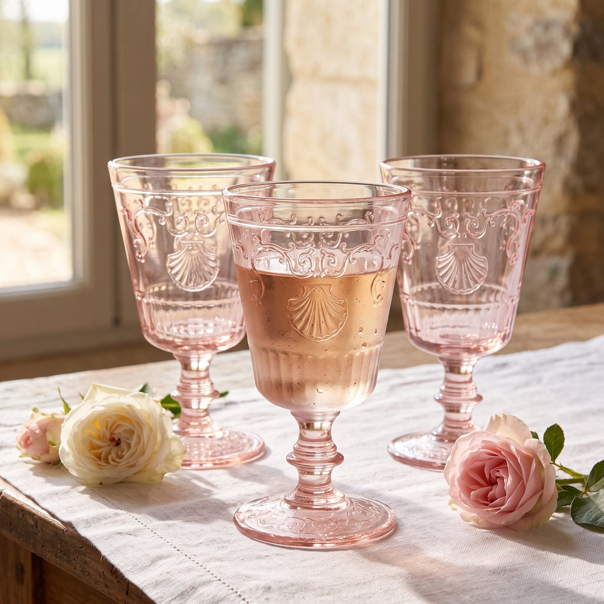 Set of six La Rochère Versailles stemmed glasses styled with wine
