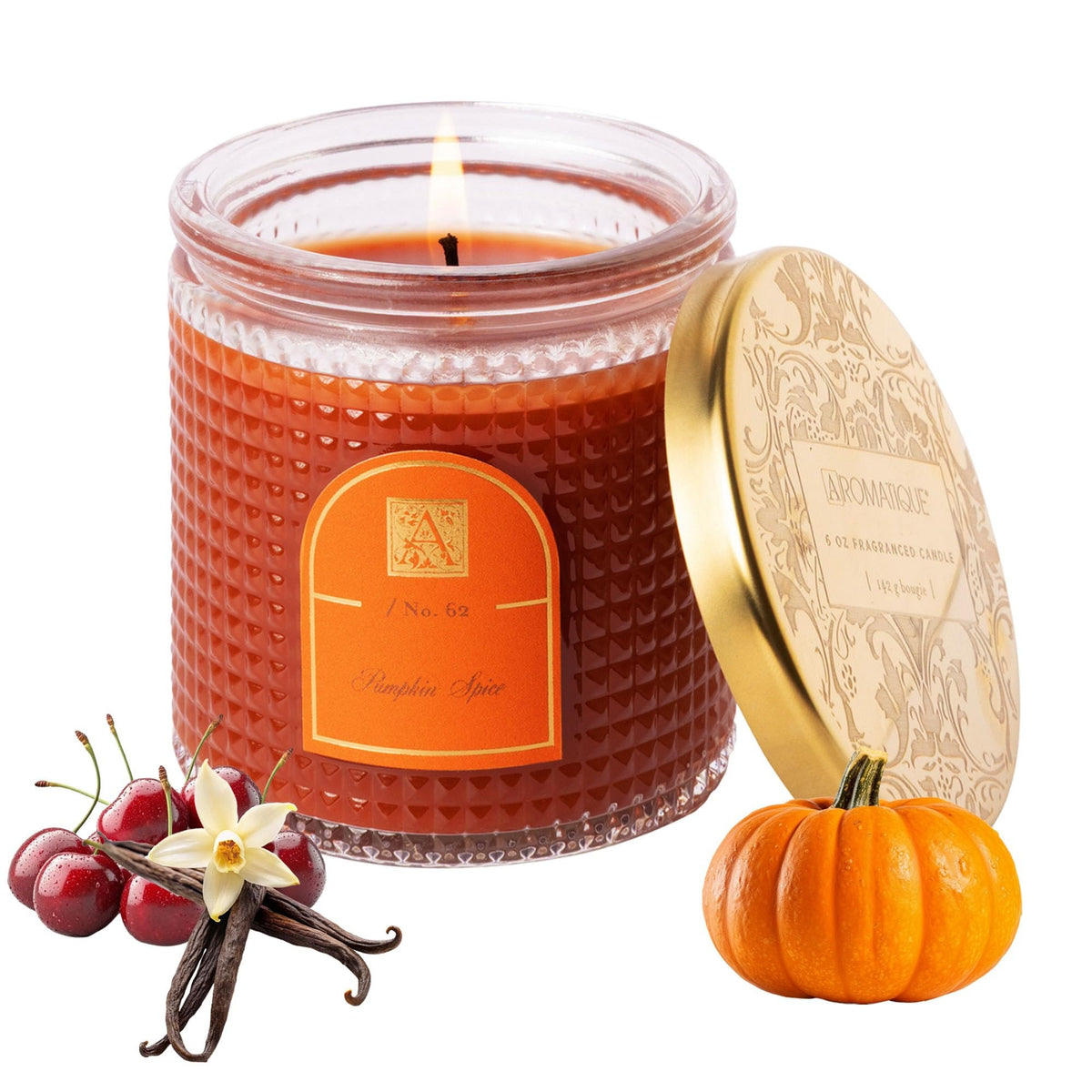 Aromatique Pumpkin Spice Textured Glass Candle with Lid – Fall Scented Candle with Spiced Pumpkin, Vanilla & Maple – Hand Poured, Long Burn – Cruelty-Free, USA Made – 6 oz