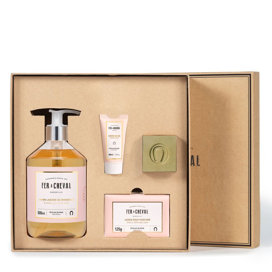 Fer a Cheval Pure Olive Rose Petals Gift Box 4 Piece Marseille Soap Collection Made France