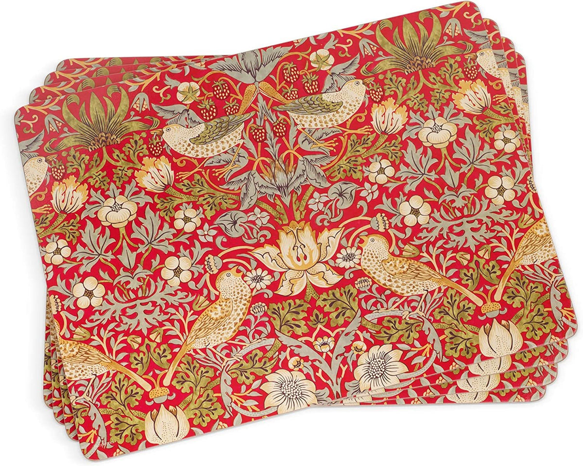 Pimpernel Morris & Co Strawberry Thief Red Collection Placemats | Set of 4 | Heat Resistant Mats | Cork-Backed Board | Hard Placemat Set for Dining Table | Measures 15.7” x 11.7”