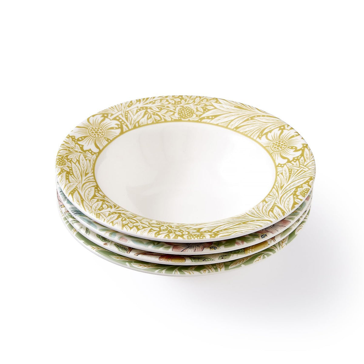 Spode Morris & Co Cereal Bowl | Set of 4 Bowls with Assorted Design for Fruit, Acai and Desserts | 7.5 Inch Bowls made of Fine Earthenware | Microwave and Dishwasher Safe | Made in England