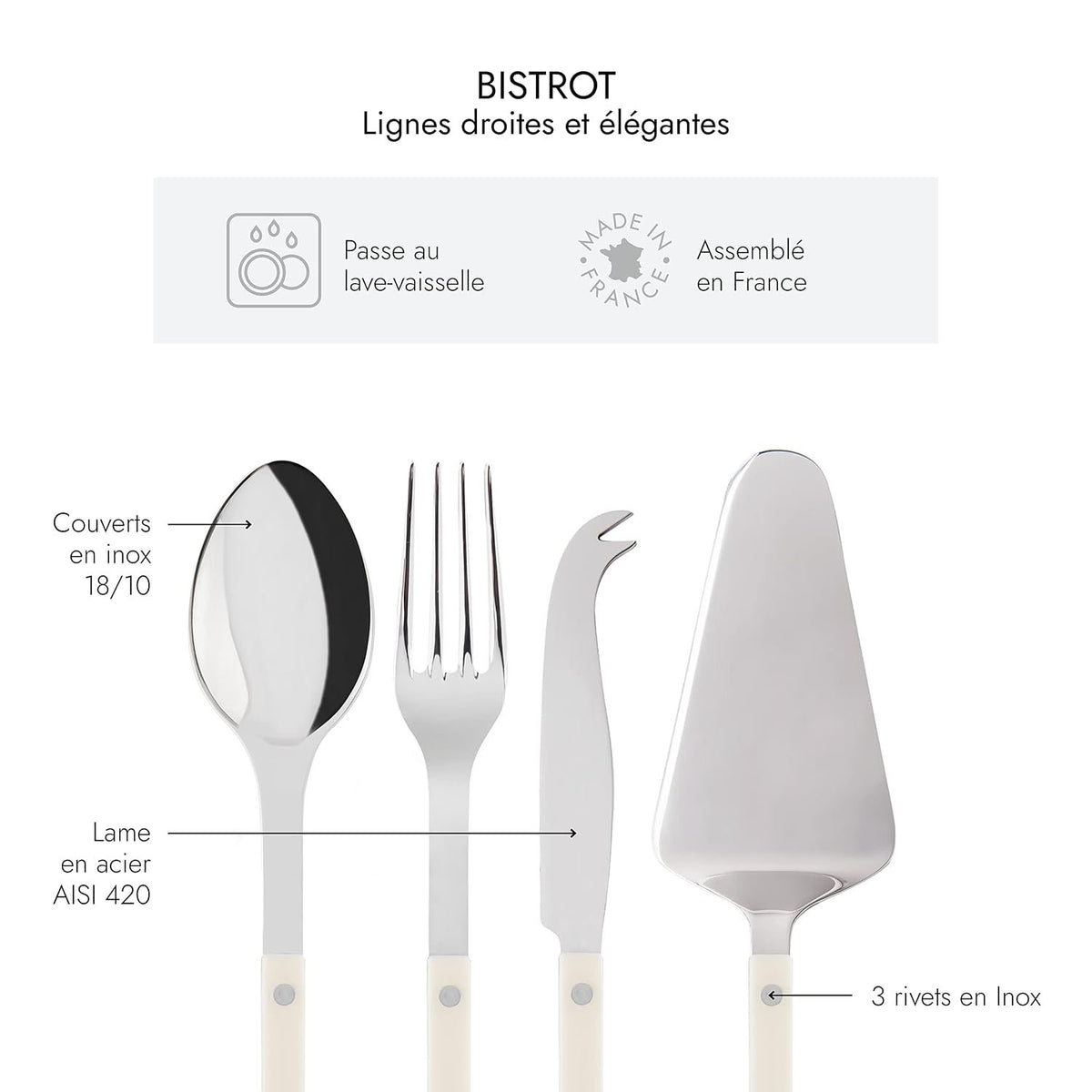 SABRE PARIS - 4-Piece Serving Set - Ivory - Bistrot Collection - 2 Serving Flatware, Serrated Pie Server, Large Cheese Knife - Stainless Steel & Nylon - Dishwasher Safe - Brilliant Finish