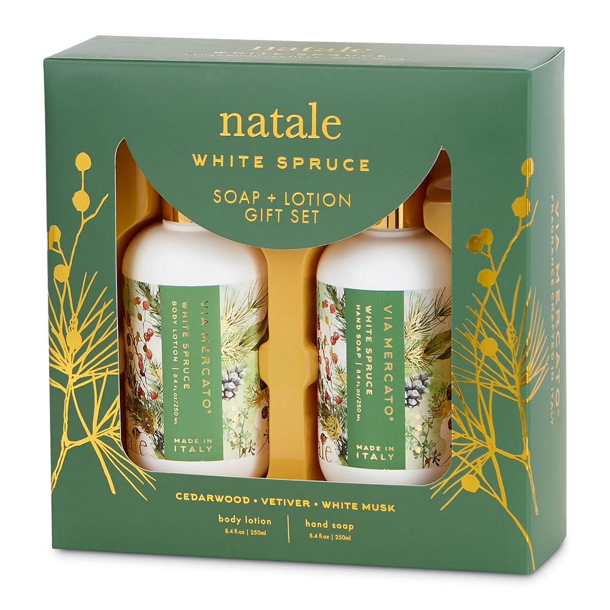 Via Mercato Natale White Spruce hand soap body lotion gift set 8.4oz cedarwood vetiver Italy green box