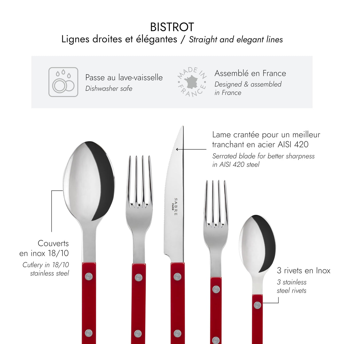 Sabre Bistrot Flatware Stainless Steel | Burgundy Shiny | 5-Piece Set