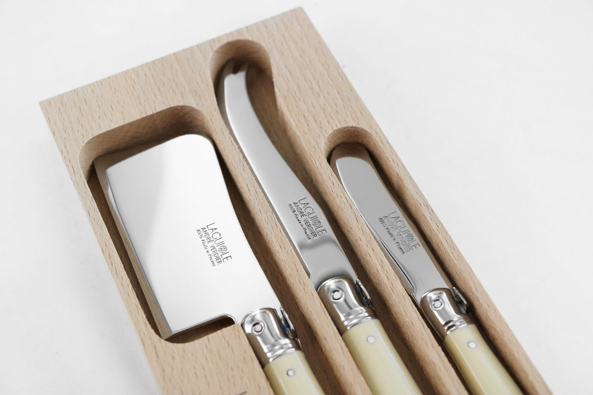 Stainless steel Laguiole cheese cleaver, large cheese knife and sandwich knife in wooden tray