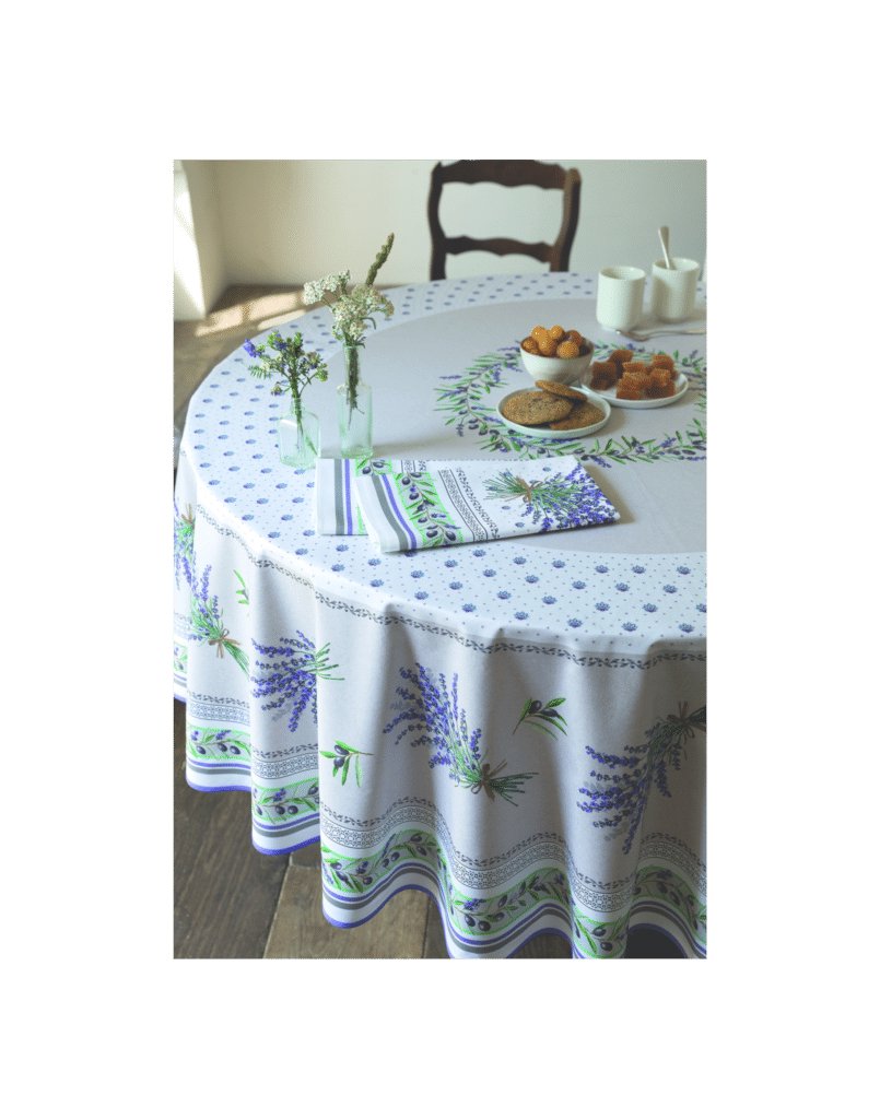 Round French Provencal Tablecloth Lauris Blue, 70"D, Luxury Easy Care Stain Resistant, Acrylic Coated 100% Cotton