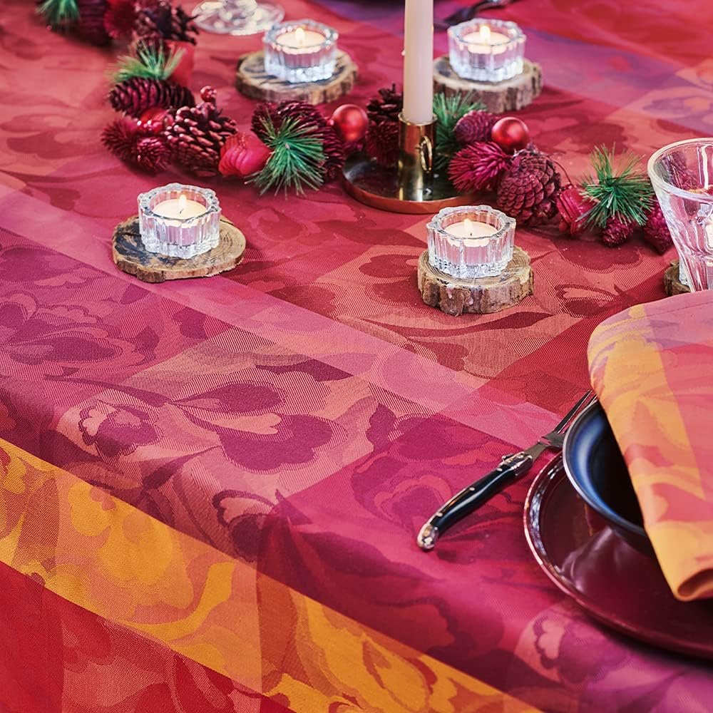 Garnier-Thiébaut Mille Folk Cranberry Jacquard Stain-Resistant Tablecloth