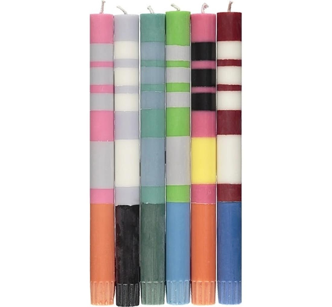 British Colour Standard Hand-Poured Striped Dinner Candles - Eco-Friendly Fair Trade Set of 6, 10-Hour Burn Time
