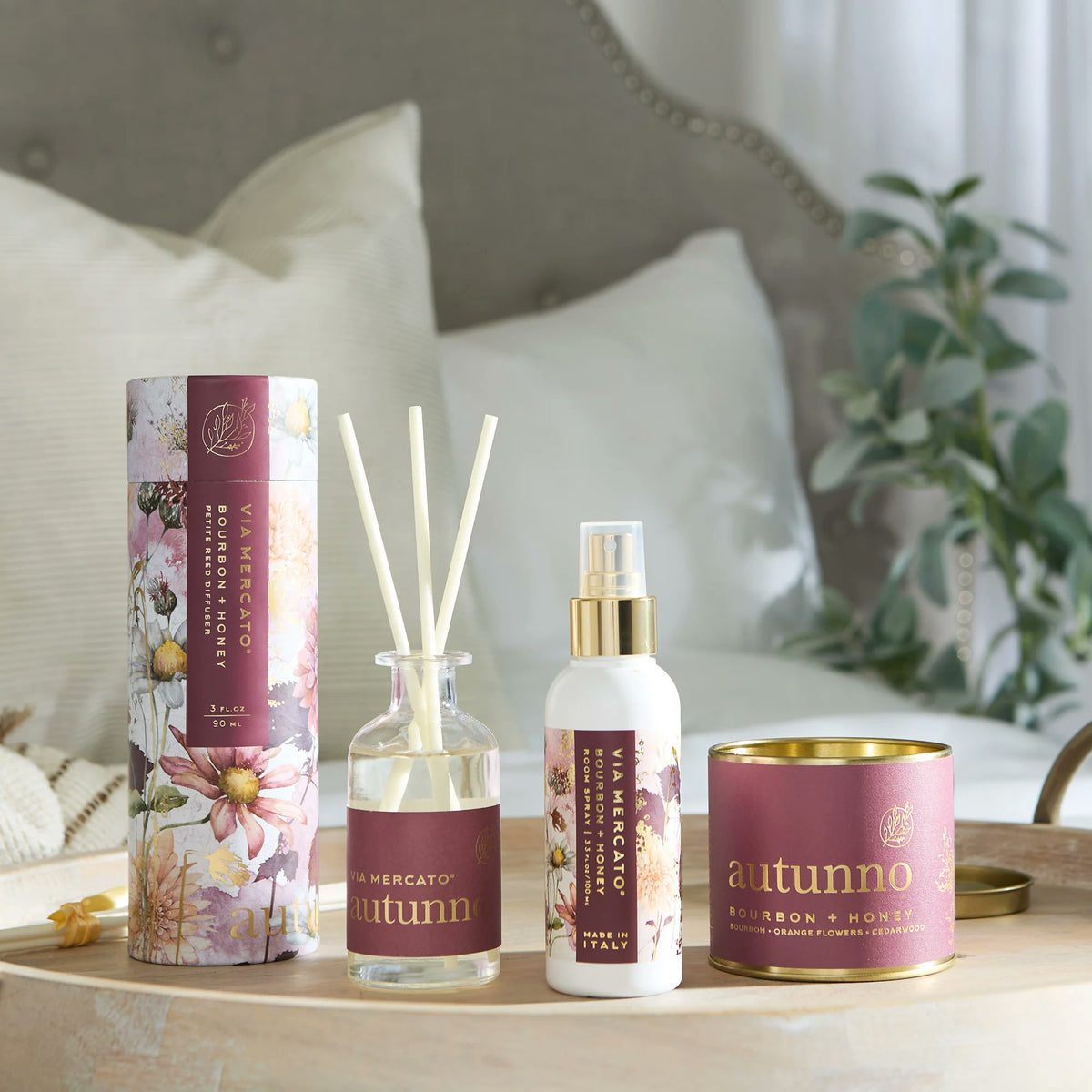 Via Mercato Autunno Bourbon Honey home fragrance set styled on shelf living room autumn seasonal decor