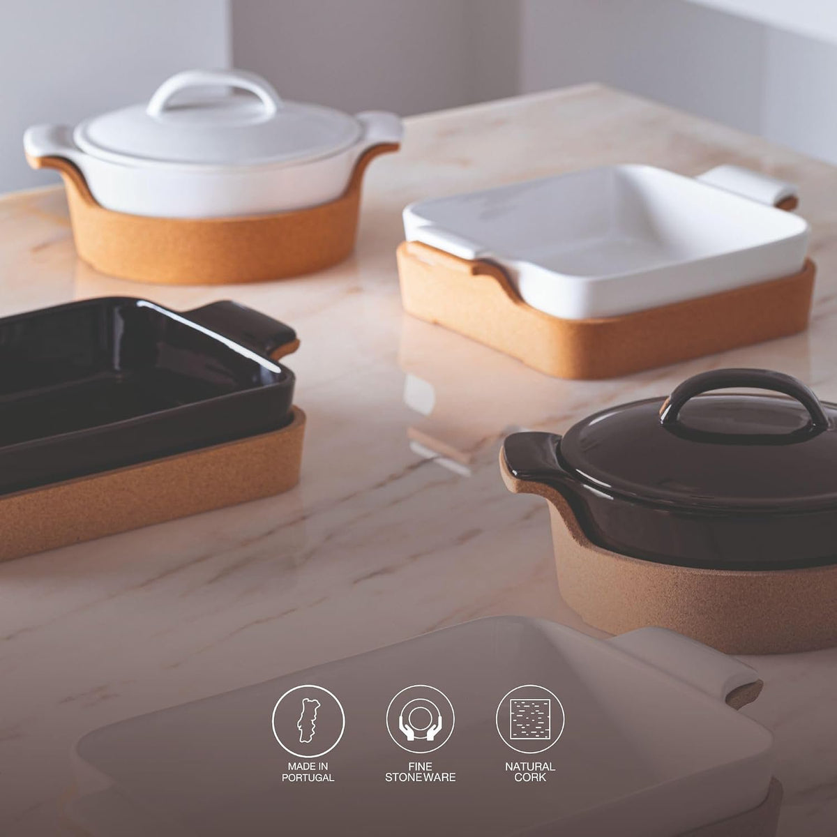 Casafina Ceramic 16" x 10.25" Rectangular Baker with Cork Tray - Ensemble Collection, White | Oven & Dishwasher Safe Bakeware | Food Safe Glazing | Restaurant Quality Dinnerware