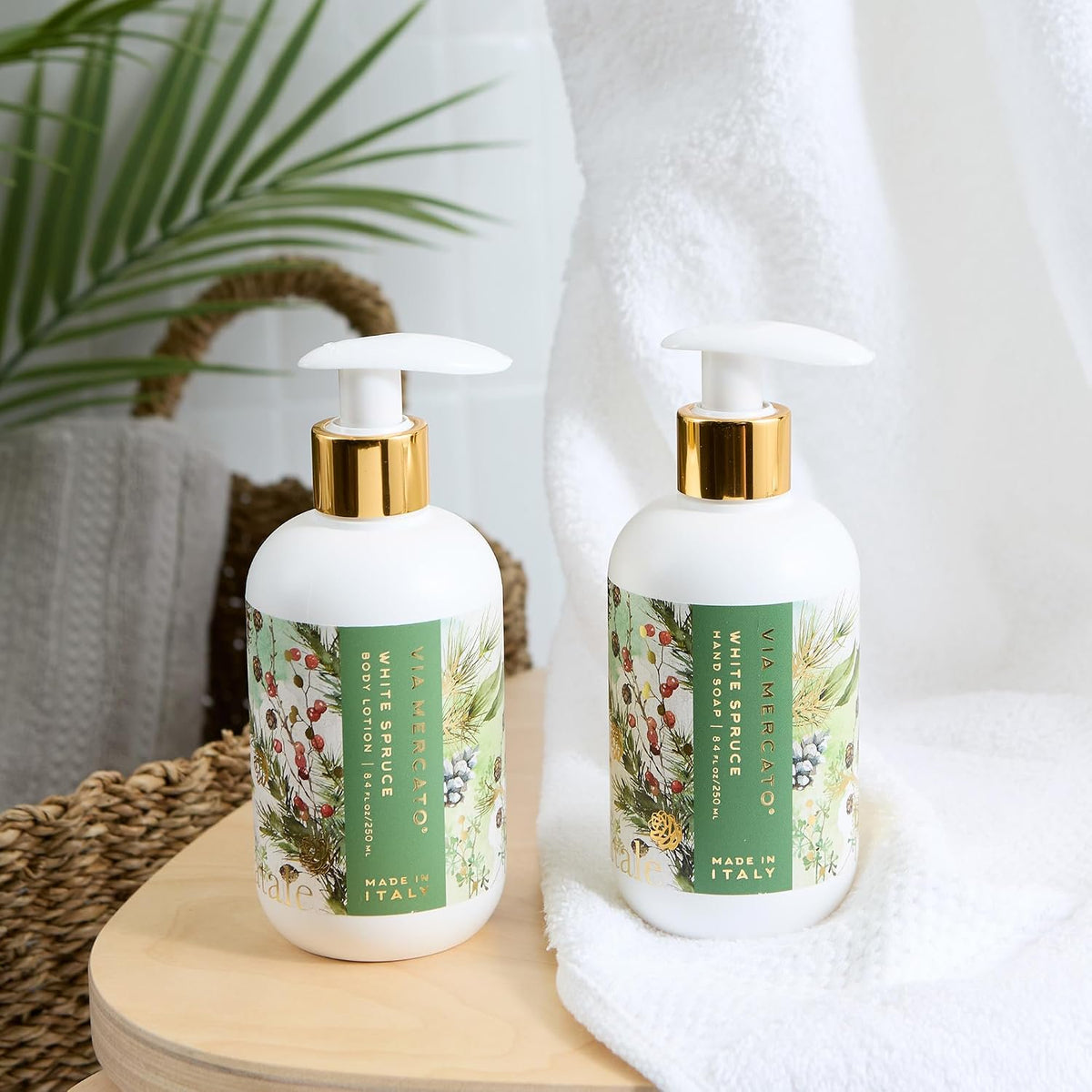 Via Mercato Natale White Spruce soap lotion set close-up pump dispensers cedarwood white musk scent