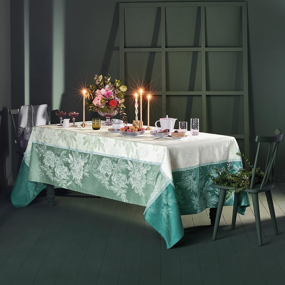 Garnier Thiebaut 69"x120" Rectangle Jardin De Pivoines Vert French Tablecloth, Green Sweet Stain-Resistant Cotton