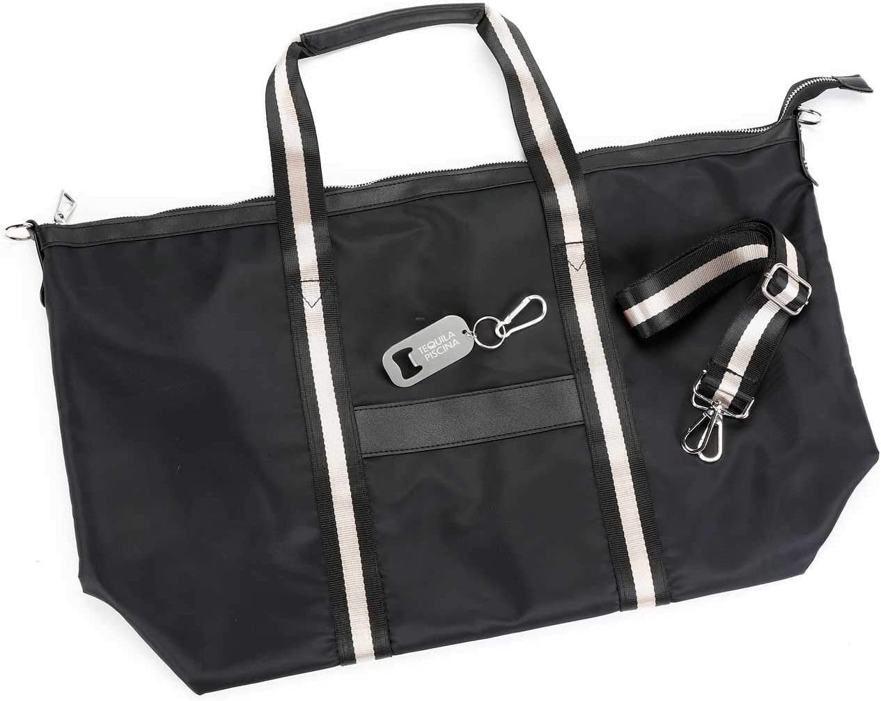 Lightweight black carry-on travel bag with exterior pocket and adjustable strap