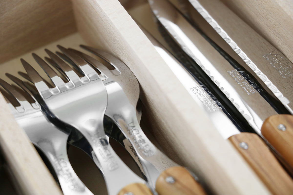 Laguiole Andre Verdier 4 Steak Knives "Debutant Country" Stainless Steel and Olivewood Handle in Box