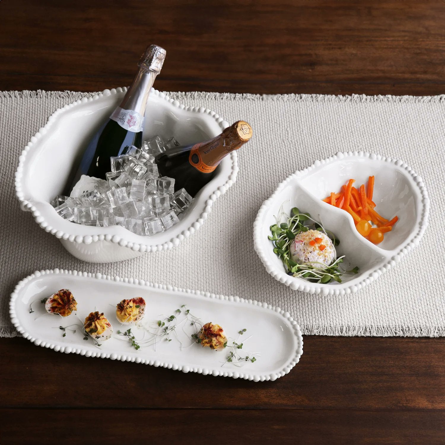 Beatriz Ball VIDA Alegria double dip white styled on entertaining table with dips chips