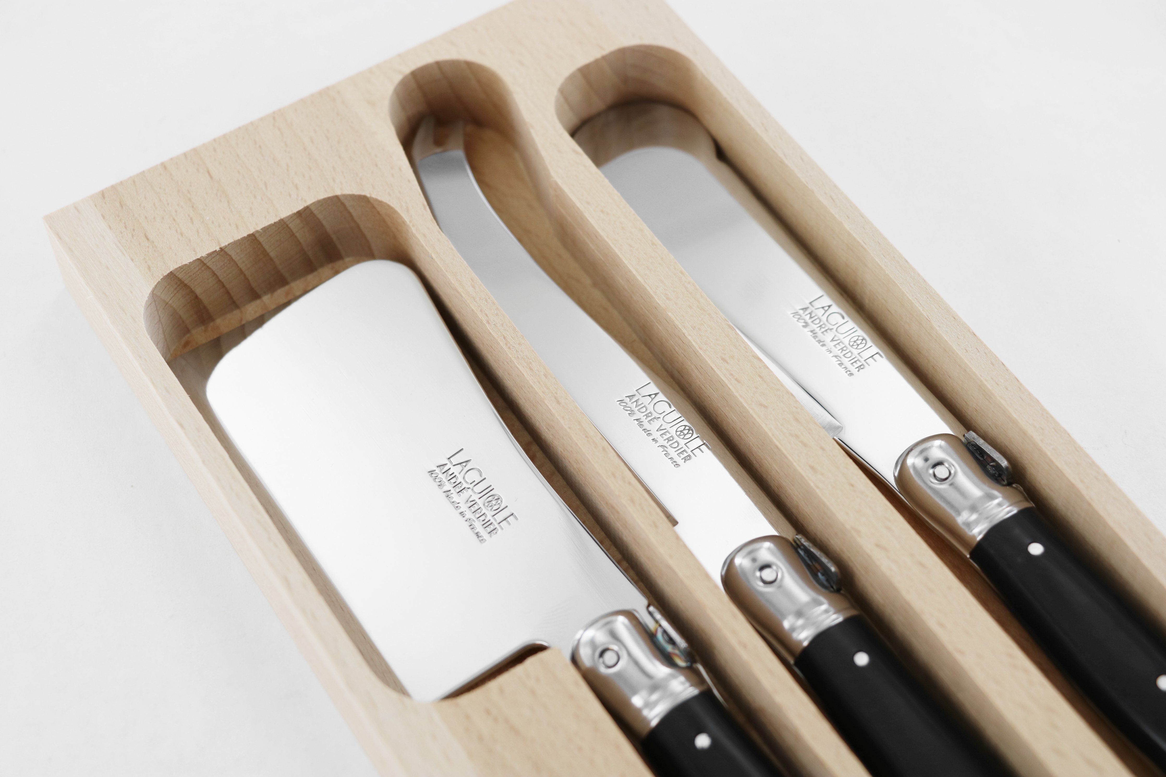 Andre Verdier Laguiole Debutant Cheese Knives Set | Sandwich Knife, Cleaver, Large Cheese Knife | Black Handle