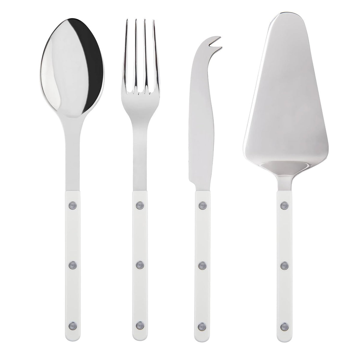 SABRE PARIS - 4-Piece Serving Set - White - Bistrot Collection - 2 Serving Flatware, Serrated Pie Server, Large Cheese Knife - Stainless Steel & Nylon - Dishwasher Safe - Brilliant Finish