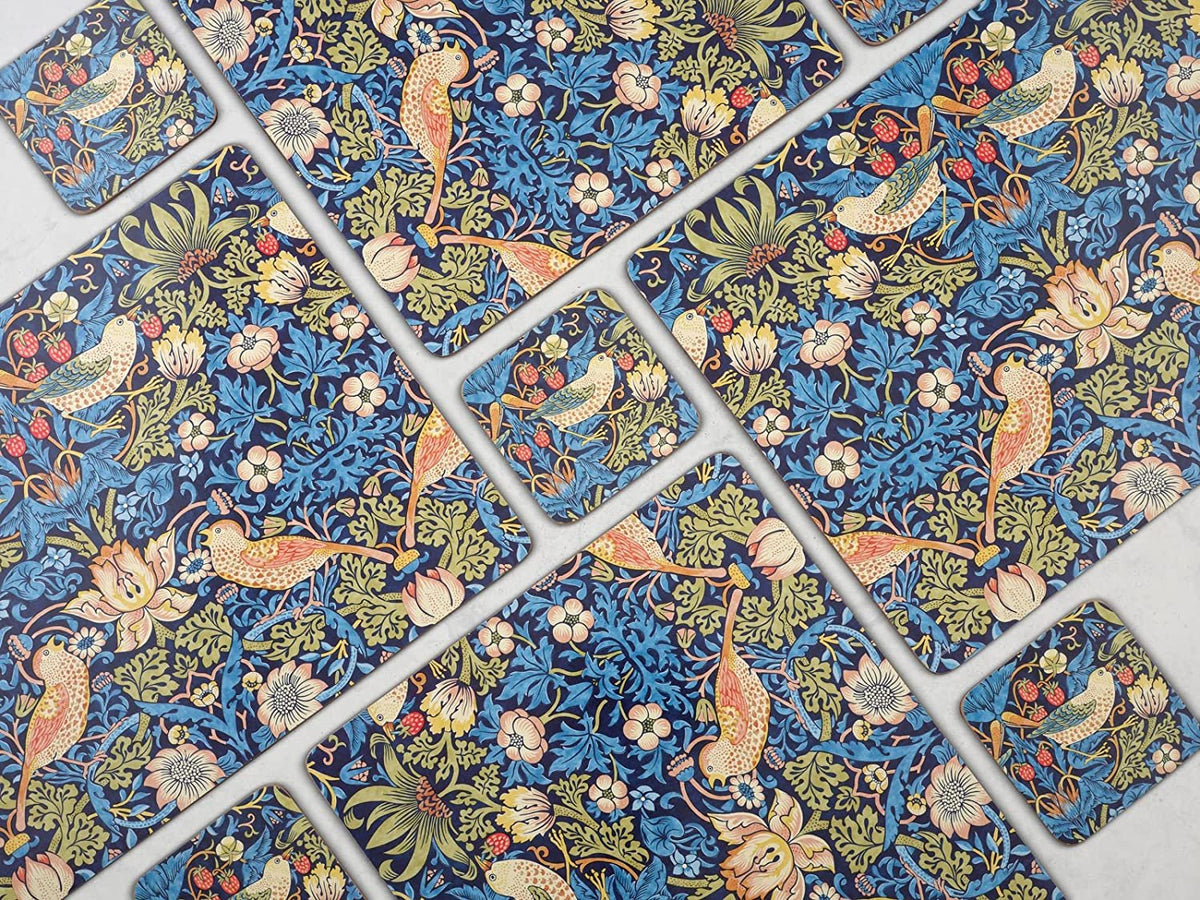 Pimpernel Morris & Co Strawberry Thief Blue Collection Placemats | Set of 4 | Heat Resistant Mats | Cork-Backed Board | Hard Placemat Set for Dining Table | Measures 15.7” x 11.7”