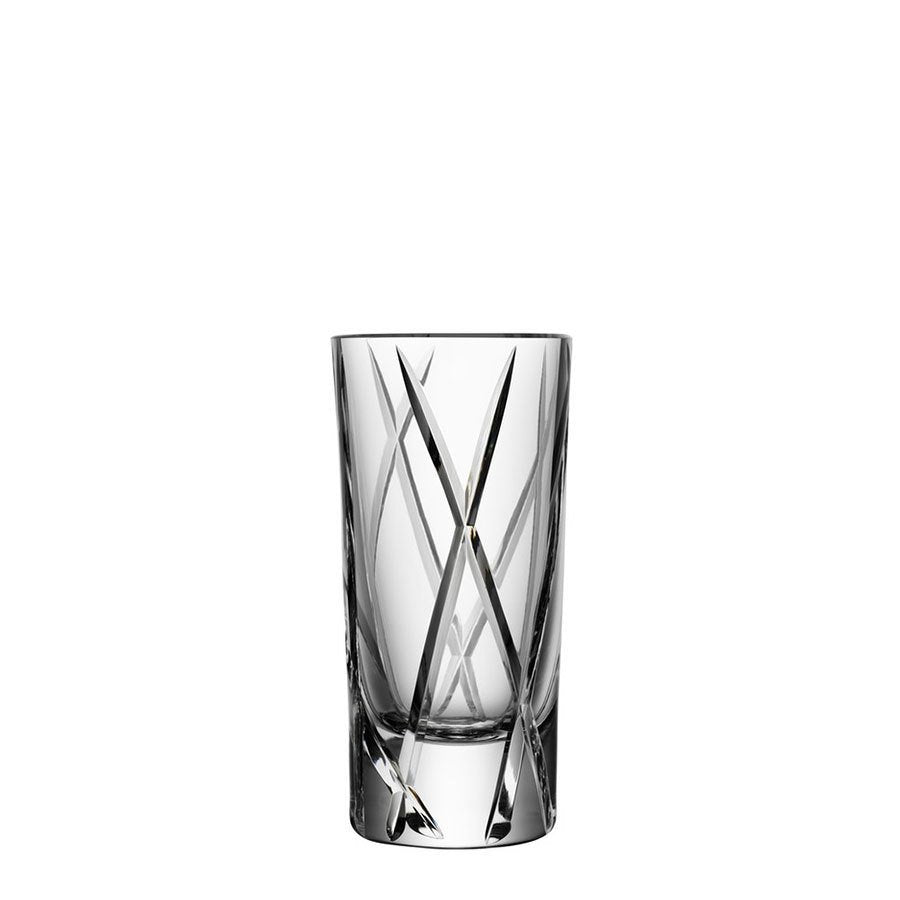 Orrefors City Shot Glass close-up showing asymmetric cut detail