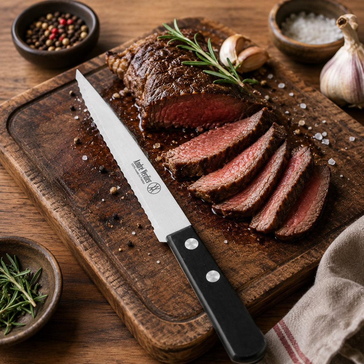 André Verdier double serration steak knife set 4pc styled on dining table place setting