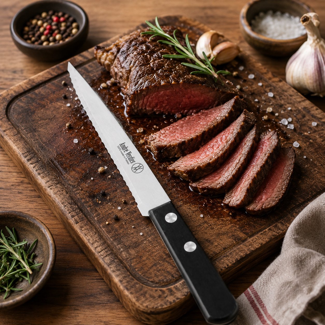 André Verdier double serration steak knife set 4pc styled on dining table place setting