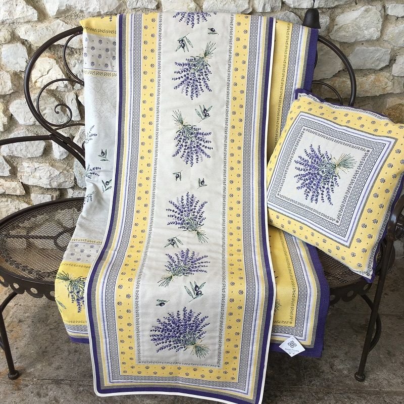 Tissus Toselli Jacquard Table Runner with Lavender Yellow & Olives Twigs