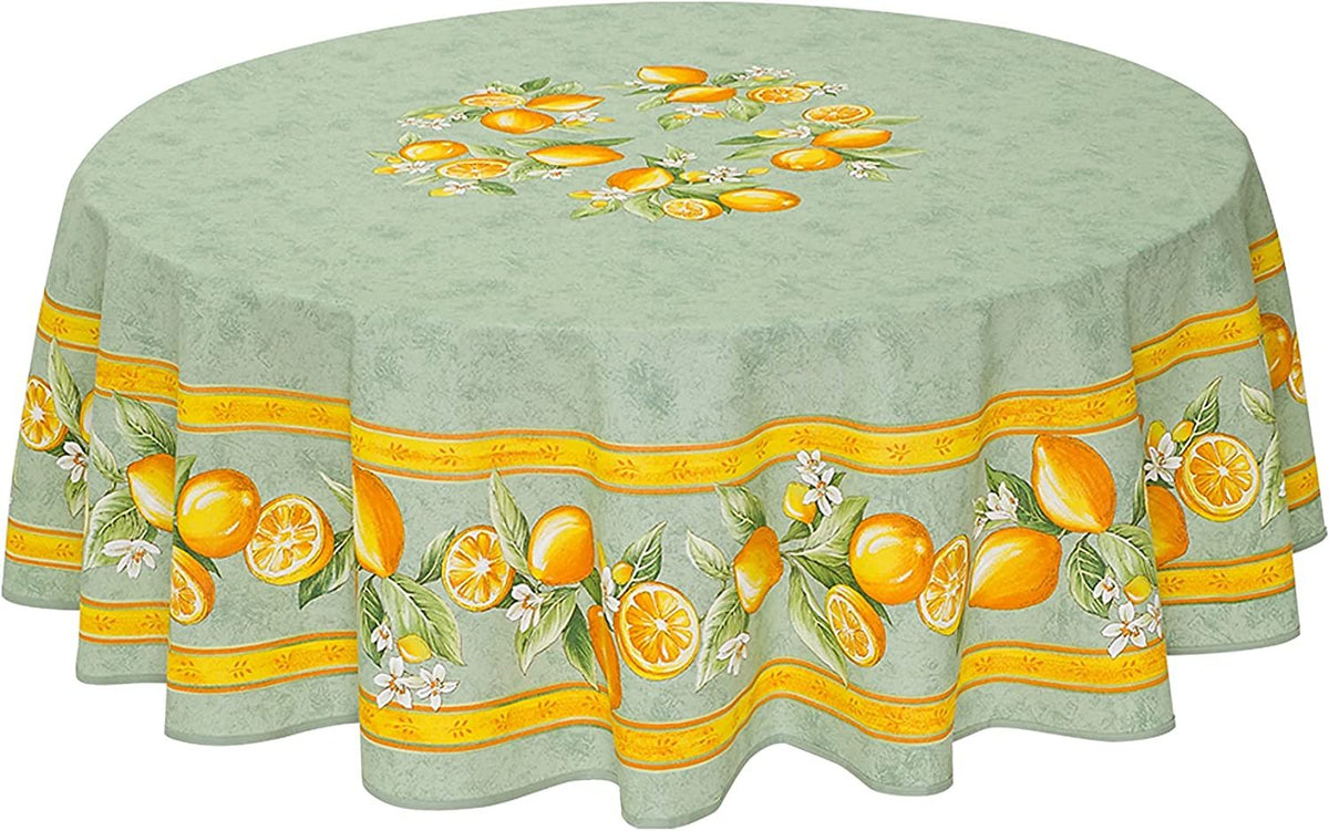 Citron Blue (Bleu) Provencal Tablecloth | 70" Round | Easy Care Coated Cotton