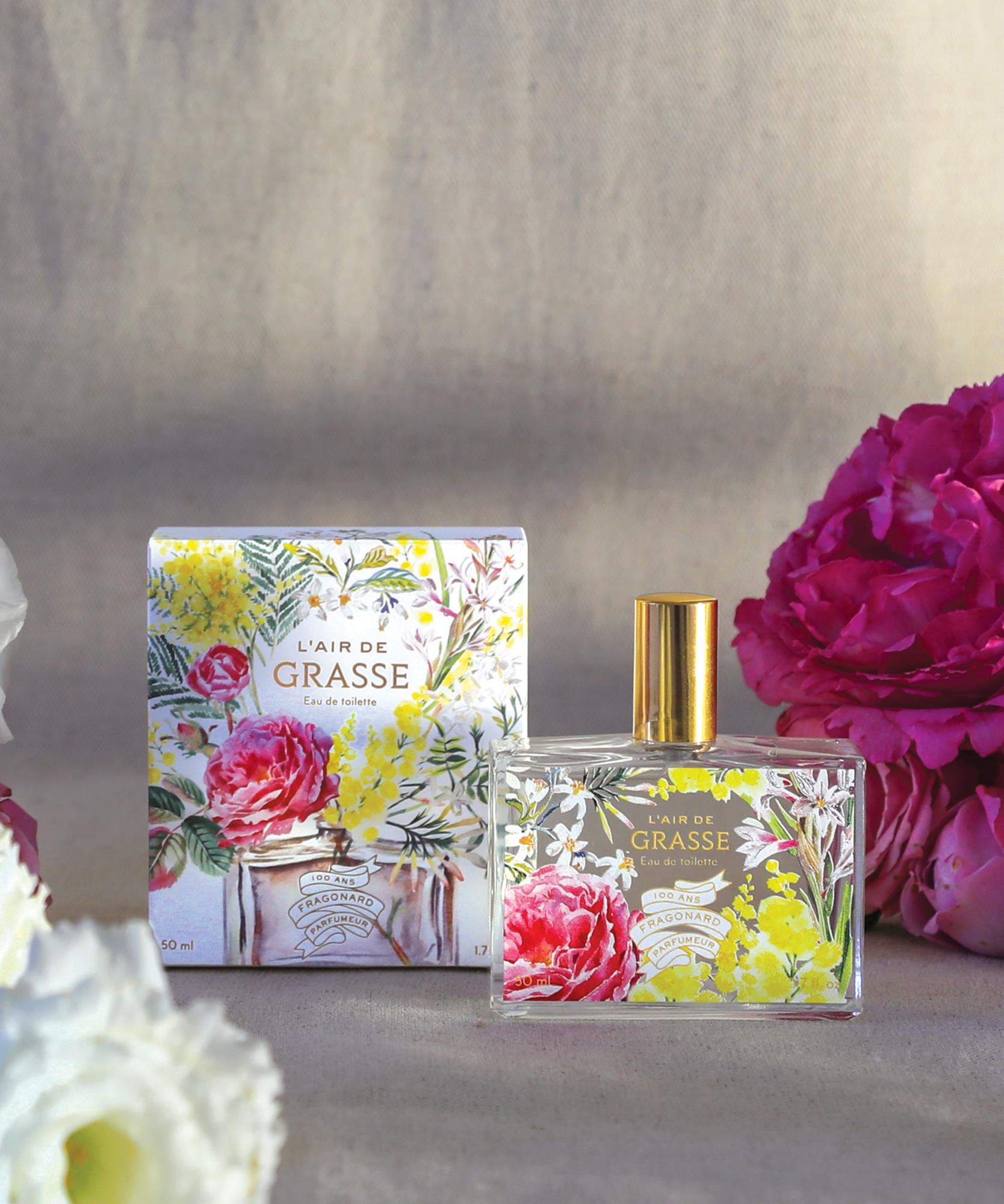 Fragonard L'Air de Grasse 50ml Eau de Toilette flat lay with rose peony and jasmine