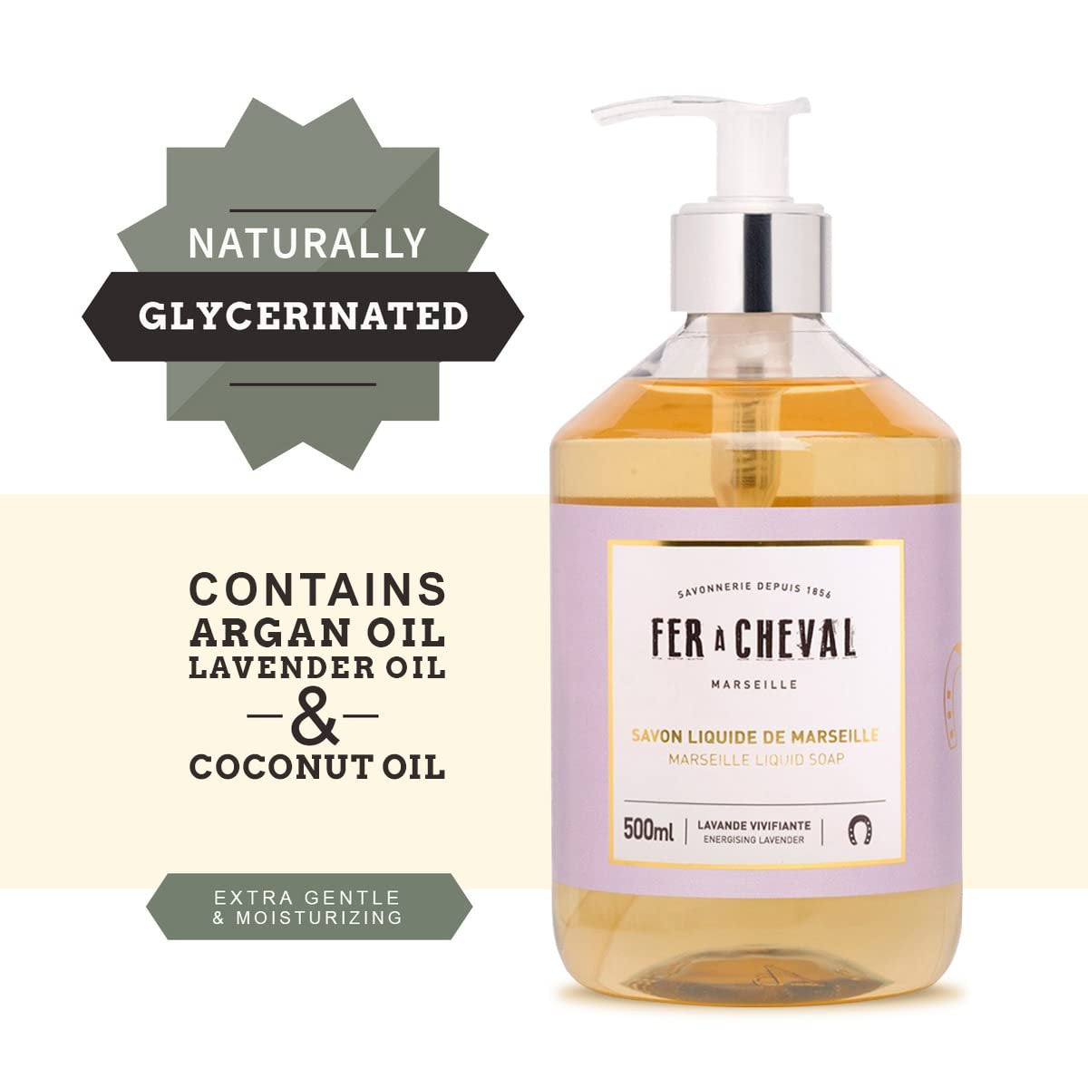 Fer a Cheval Marseille Liquid Soap Colorful Label Bottles Marble Counter Styled