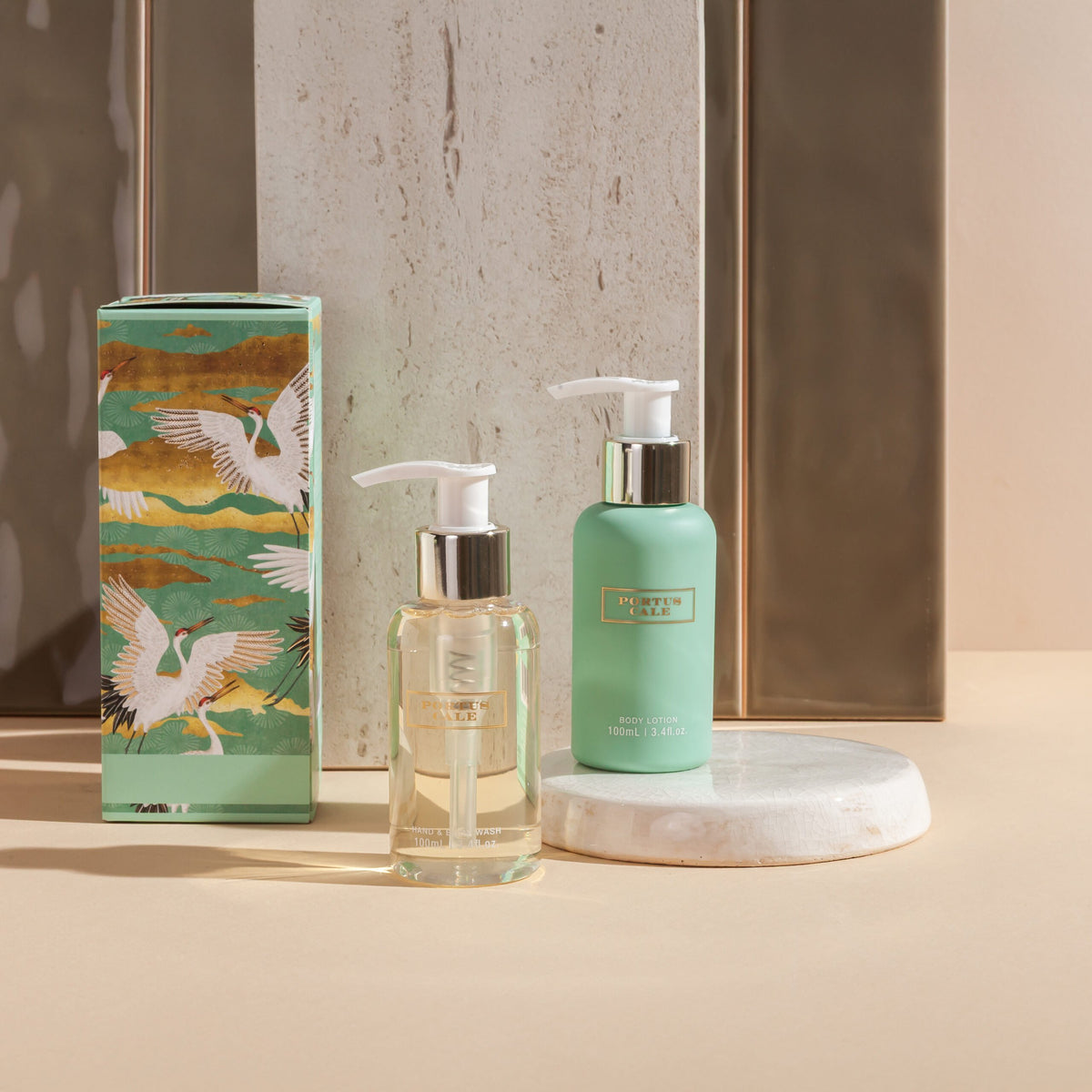 Portus Cale White Crane Body Care Travel Set | Yuzu, Vetiver & Mandarin | Body Lotion & Wash