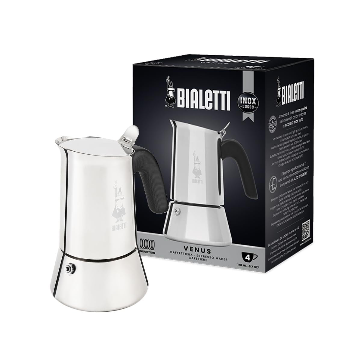 Bialetti Venus Induction 4 cup stovetop espresso maker in 18/10 stainless steel – compatible with all hob types