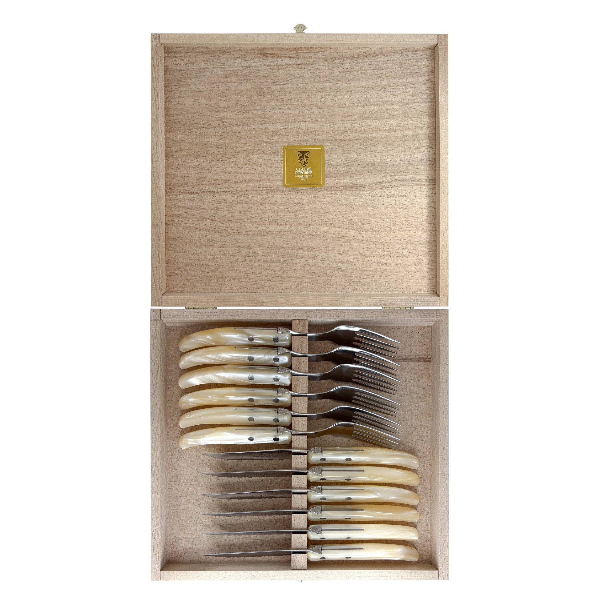 Laguiole Berlingot Flatware Set of 12 Pieces (6 Dinner Forks & 6 Steak Knives) | Pearl Handle