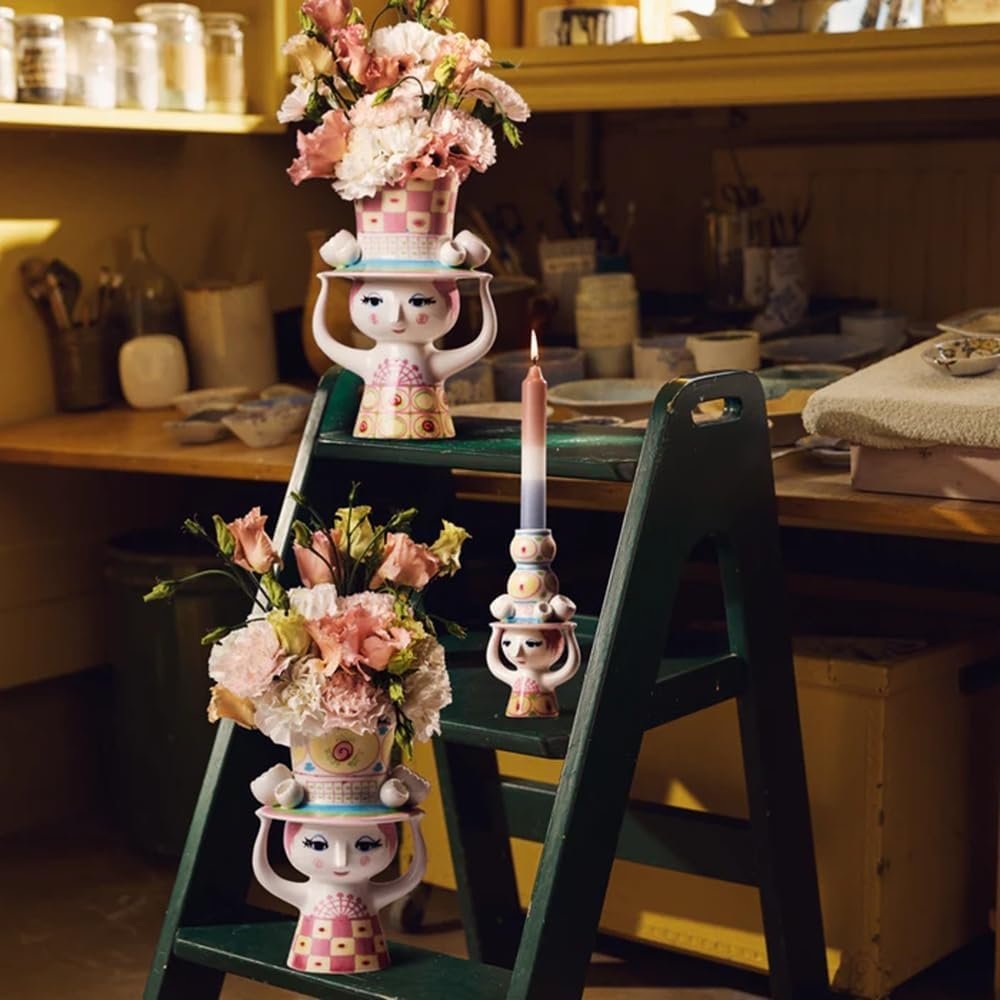 Bjørn Wiinblad Lady with Hat Vase | Pink & Yellow | 9.6"