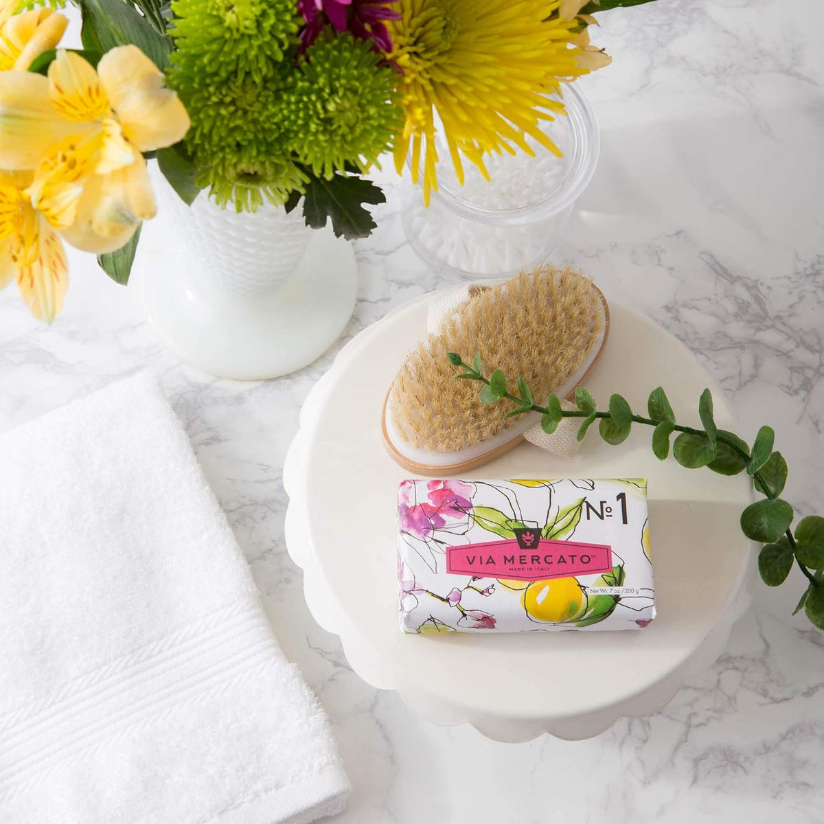 Via Mercato Italian bar soap No.1 set of 2 styled on bathroom sink shelf luxury Italian artisan soap