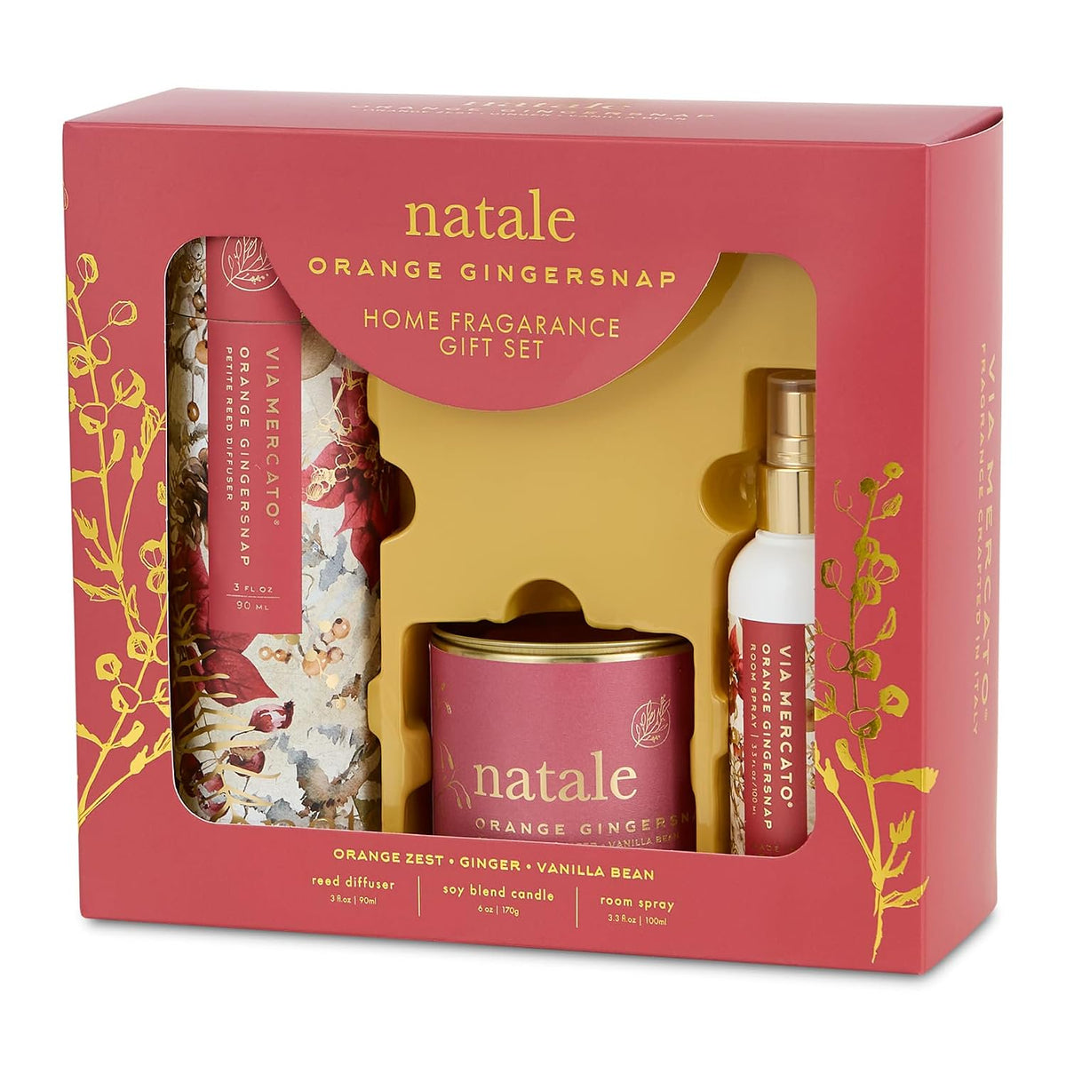 Via Mercato Natale Orange Gingersnap home fragrance gift set candle reed diffuser room spray Italy box