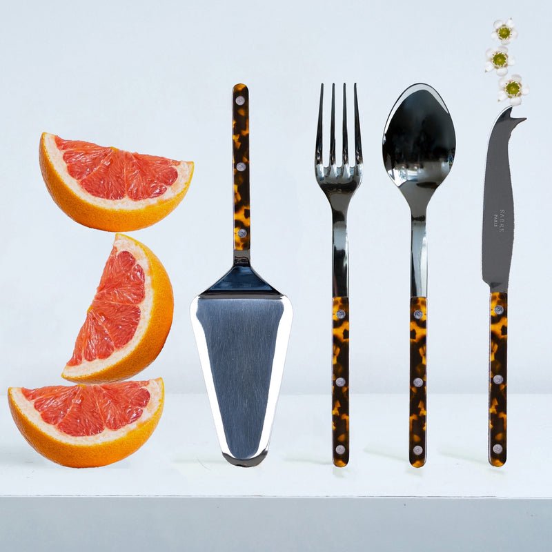 SABRE PARIS - 4-Piece Serving Set - Faux Tortoise - Bistrot Collection - 2 Serving Flatware, Serrated Pie Server, Large Cheese Knife - Stainless Steel & Nylon - Dishwasher Safe - Brilliant Finish