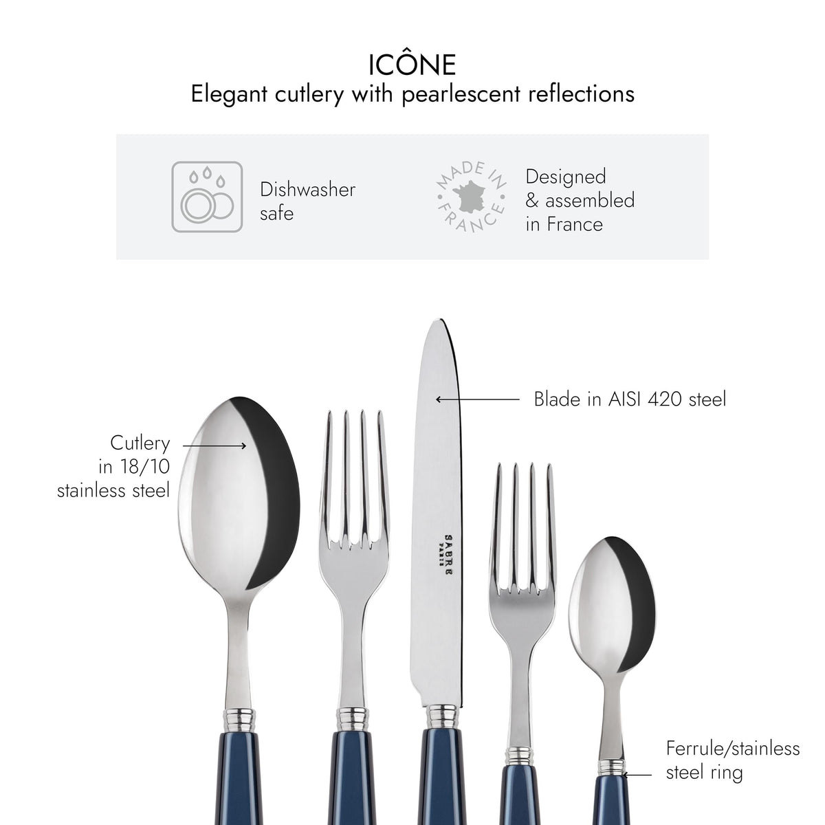 20-Piece Flatware Set For 4 - Icône Collection - Knives, Forks, Soup Spoons, Teaspoons & Dessert Forks - Stainless Steel & Acrylic - Dishwasher Safe - White