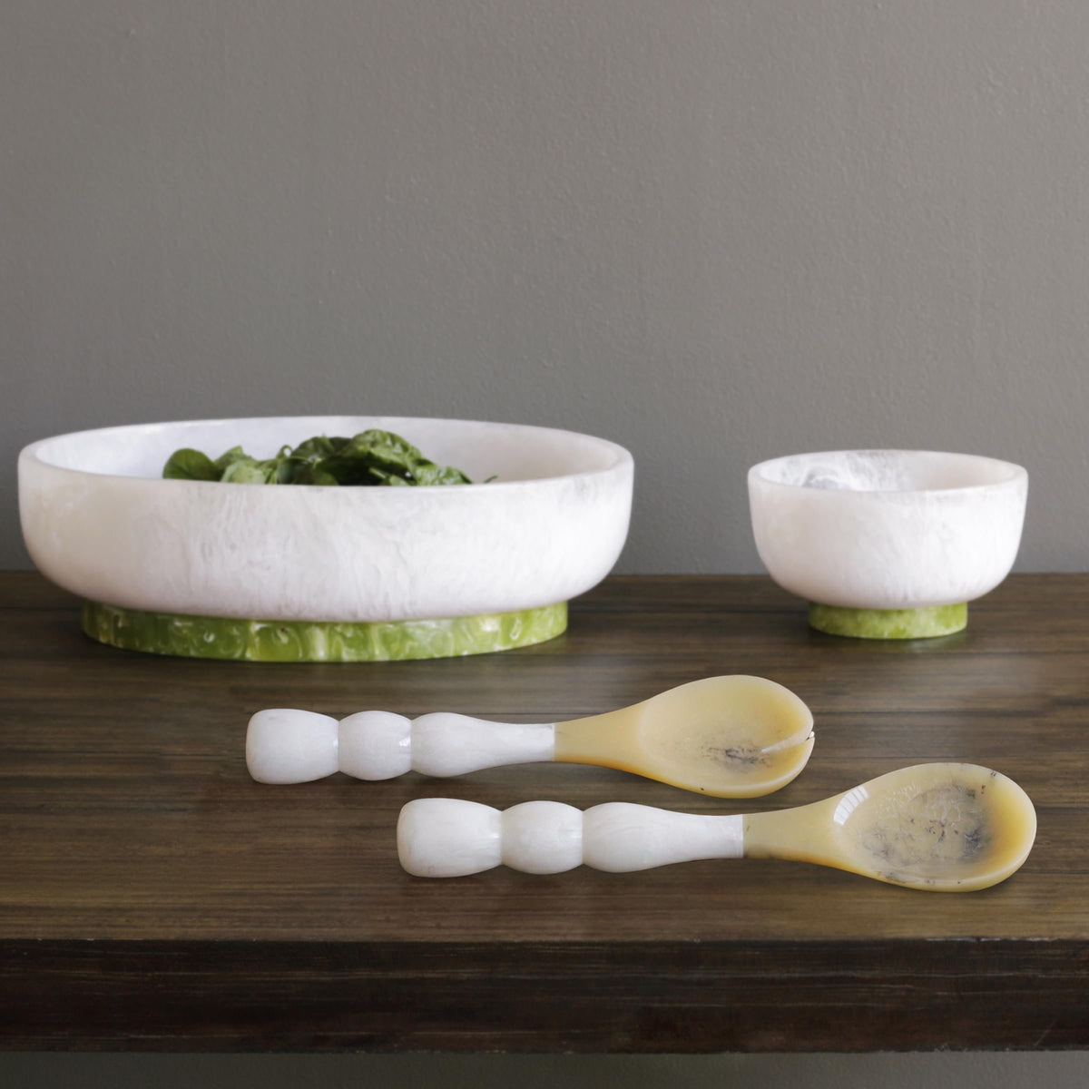 Beatriz Ball RESIN Rio 13.25" white bubble handle salad servers close-up natural horn tines