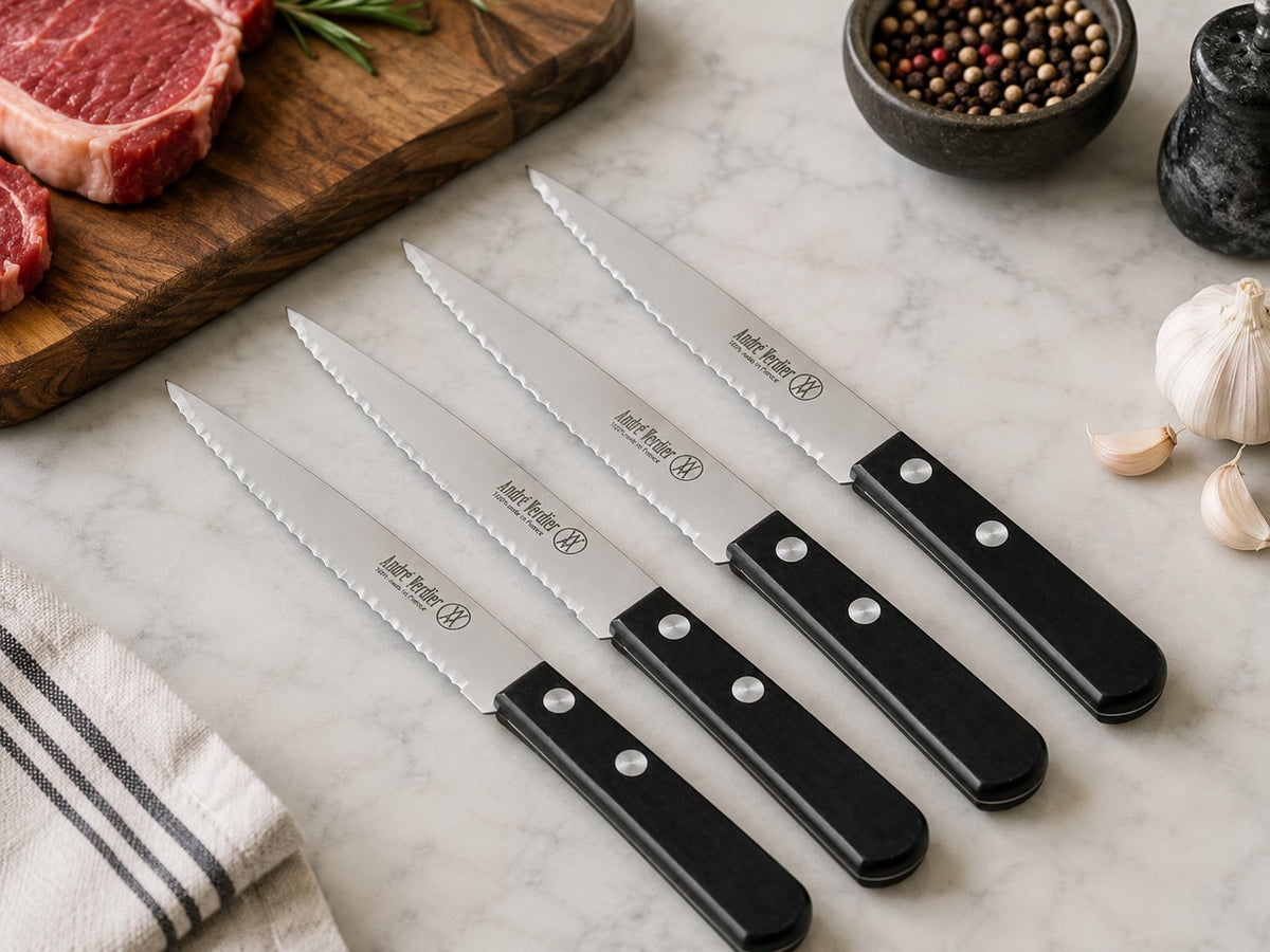 André Verdier double serration steak knife set 4pc black handle stainless steel France