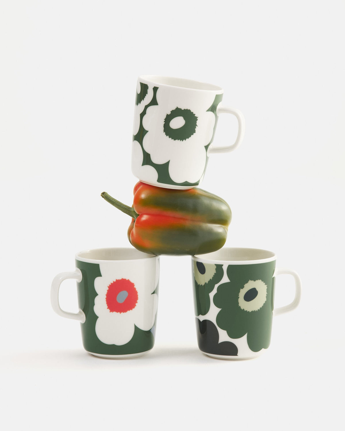 Marimekko Unikko Stoneware Mug, 8.5 oz, Green/Pink/White Floral iconic Print