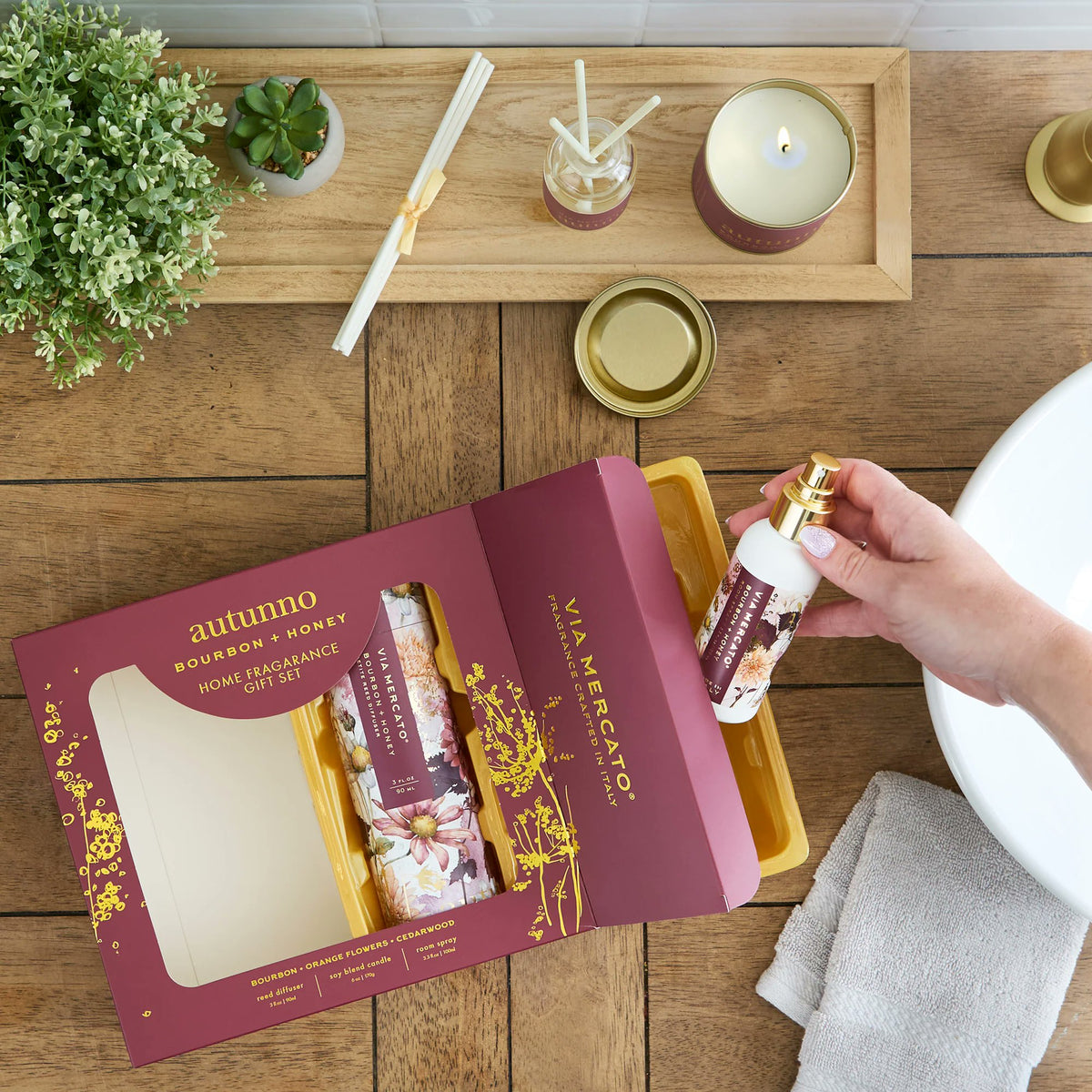 Via Mercato Bourbon Honey three piece home fragrance gift set styled as holiday housewarming gift