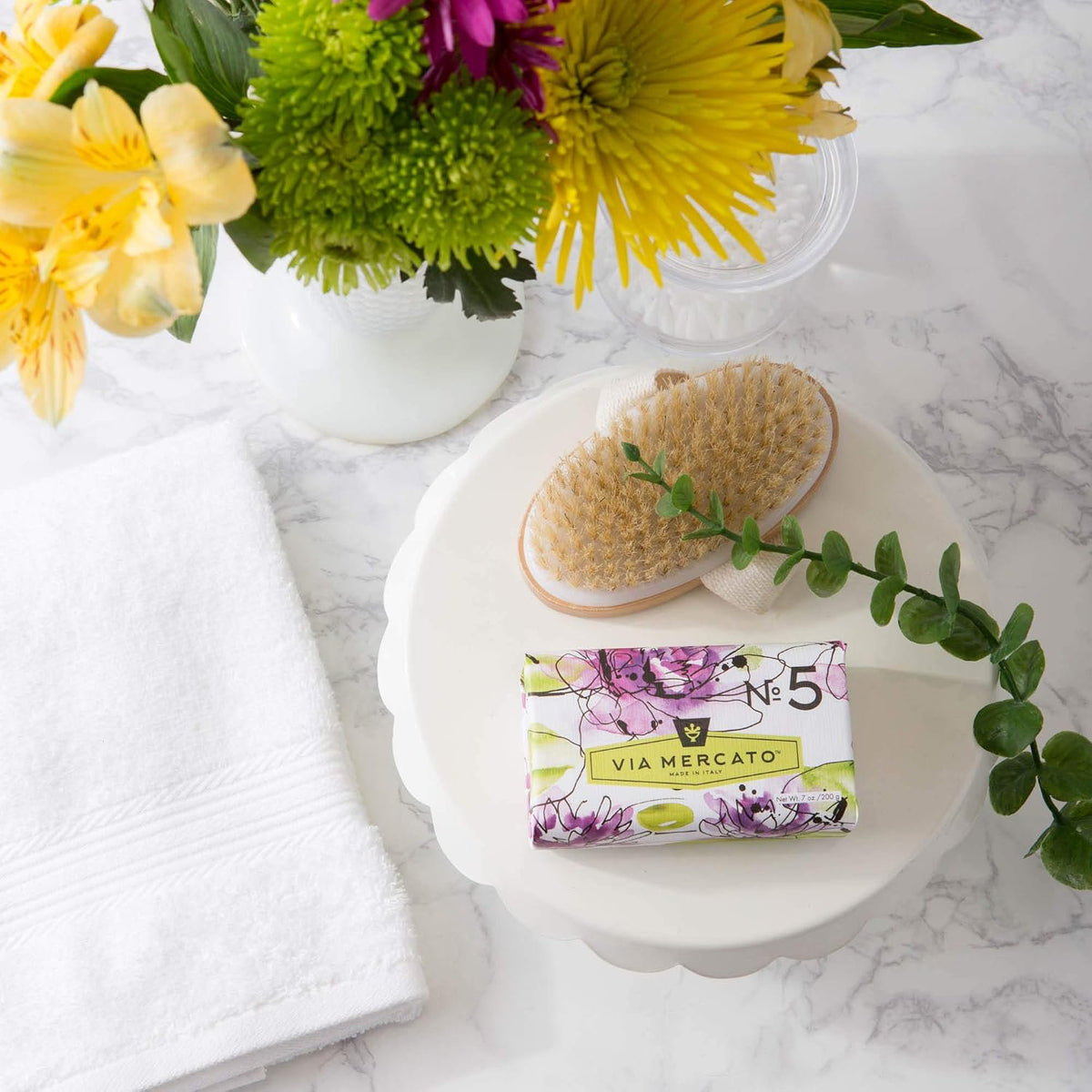 Via Mercato Italian bar soap No.5 set of 2 styled on bathroom sink shelf luxury Italian artisan soap